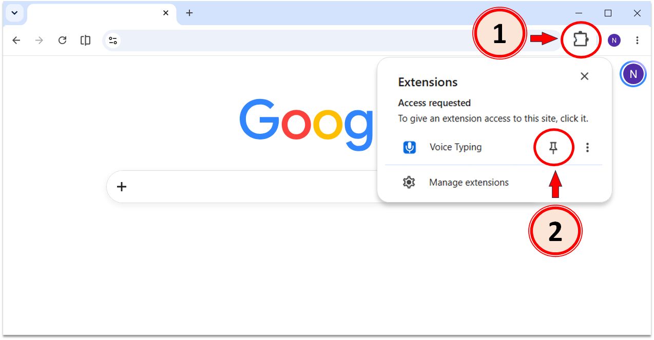 Click the Chrome Extensions icon and pin Voice Typing